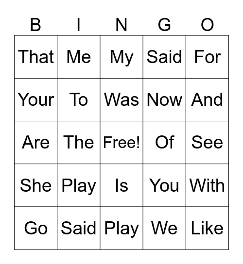 Sight Word Bingo Card