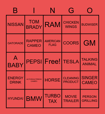 Super Bowl Commercial Bingo Card