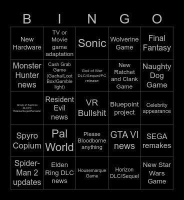 Sony State of Play January 2024 Bingo Card