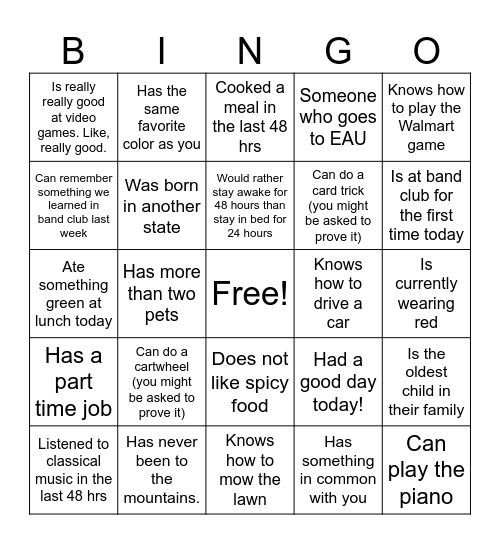 Find a Band Member who... Bingo Card