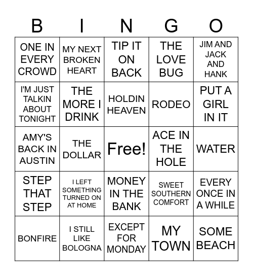 2-COUNTRY HITS Bingo Card