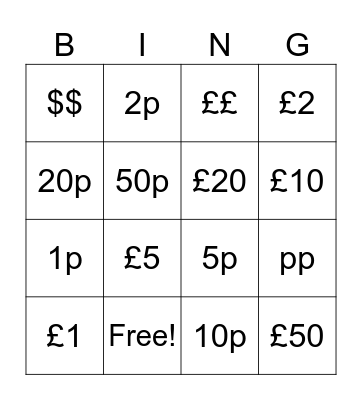 Money Skills Bingo Card