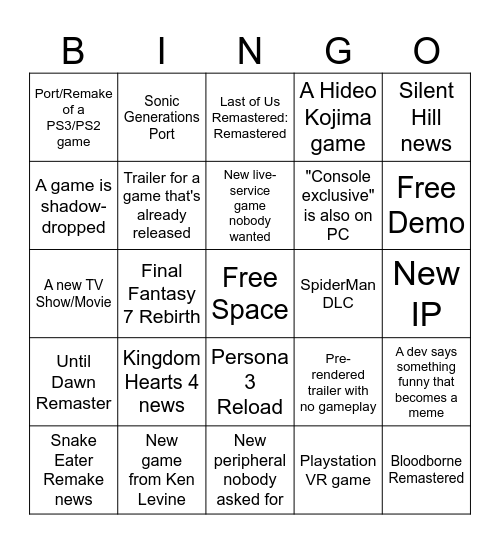 Sony State of Play Bingo! Bingo Card