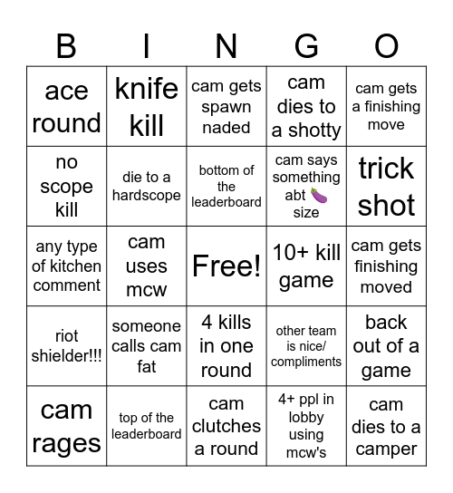 cams bingo night Bingo Card