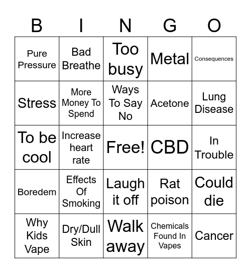 Vaping Bingo Card