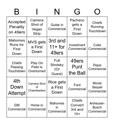 Chiefs SuperBowl LVIII Bingo Card