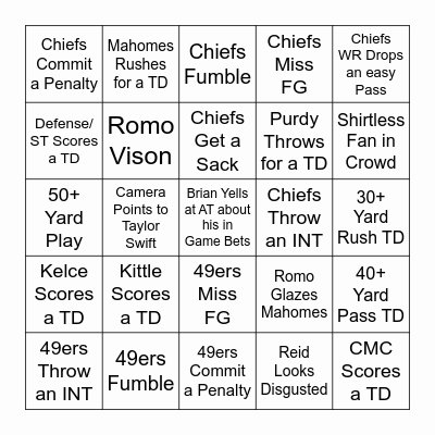 Super Bowl Bingo Card