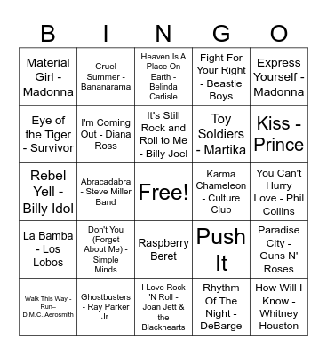 Imperial Ladies Night The 80s Bingo Card