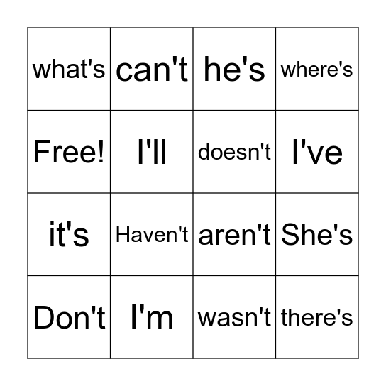Contraction Bingo Card