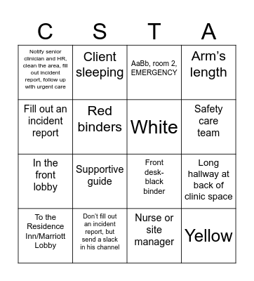 Safety Care Bingo Card