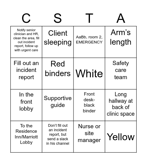 Safety Care Bingo Card