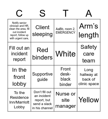 Safety Care Bingo Card