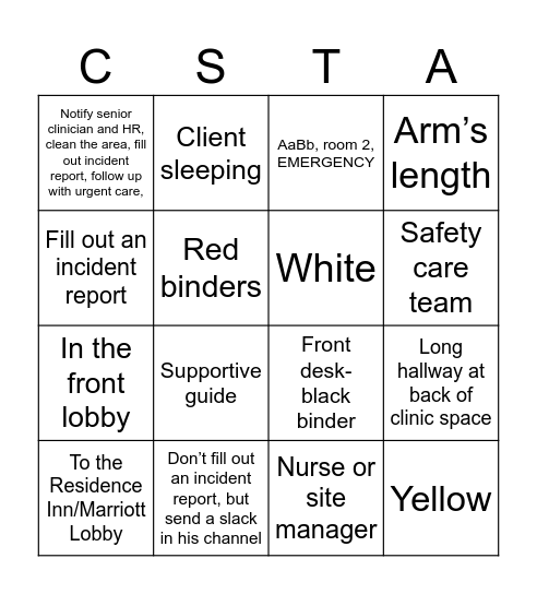 Safety Care Bingo Card