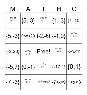 Absolute Value Equations/Inequalities Bingo Card