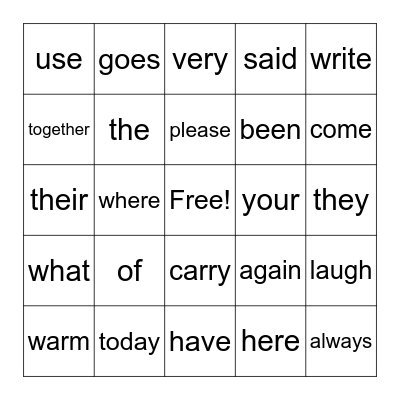 Heart Word Bingo Card