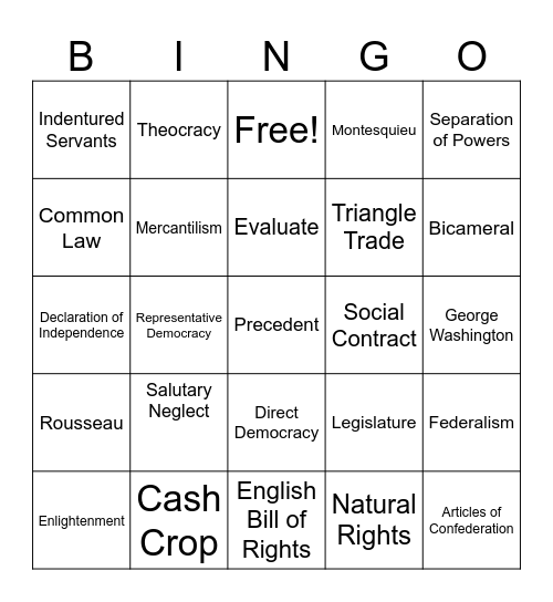 Unit 1 Civics Vocab Bingo Card