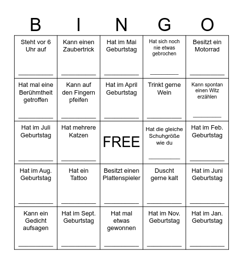 160. Geburtstag Bingo Card