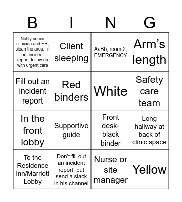 Safety Care Bingo Card