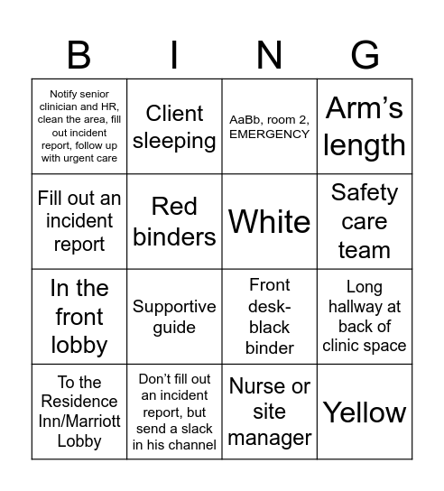 Safety Care Bingo Card
