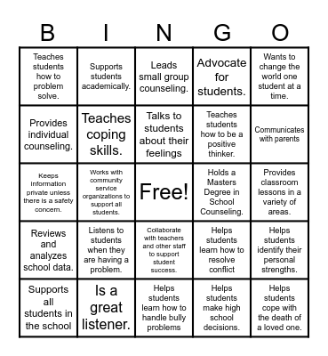 School Counselor Bingo Card