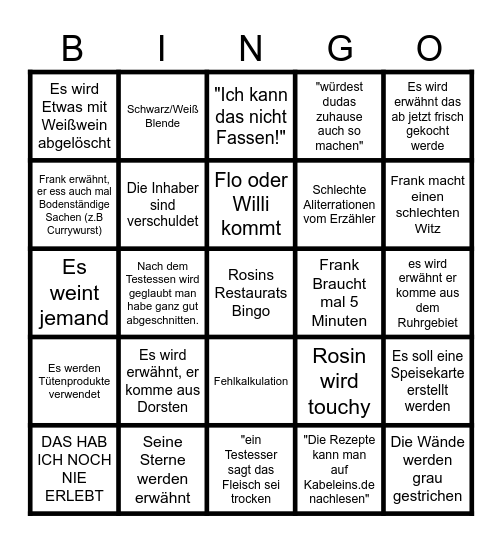 Rosins Restaurant Bingo Card