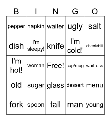 Restaurant and Physical Descriptions Bingo Card