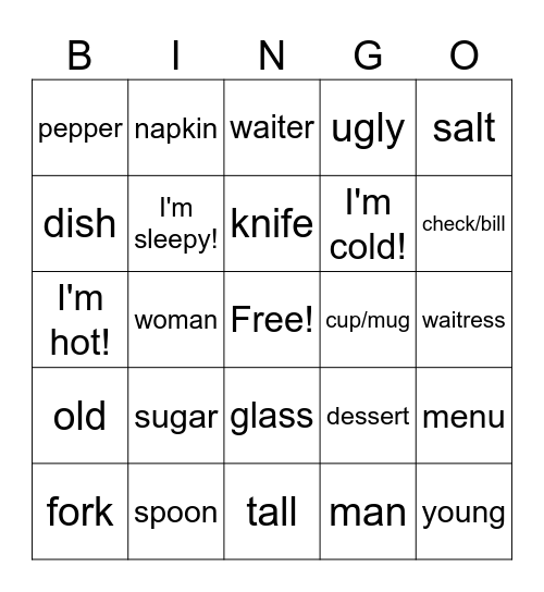 Restaurant and Physical Descriptions Bingo Card