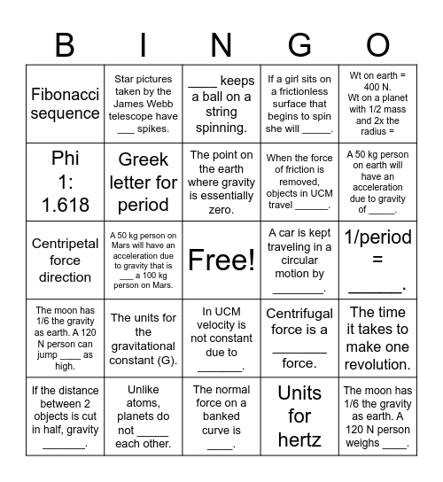 UCM and Universal Gravitation Bingo Card