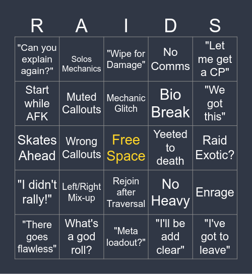 Raiding is Fun Bingo Card