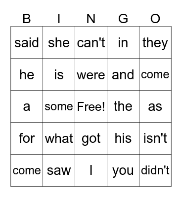 Sight Words Bingo Card