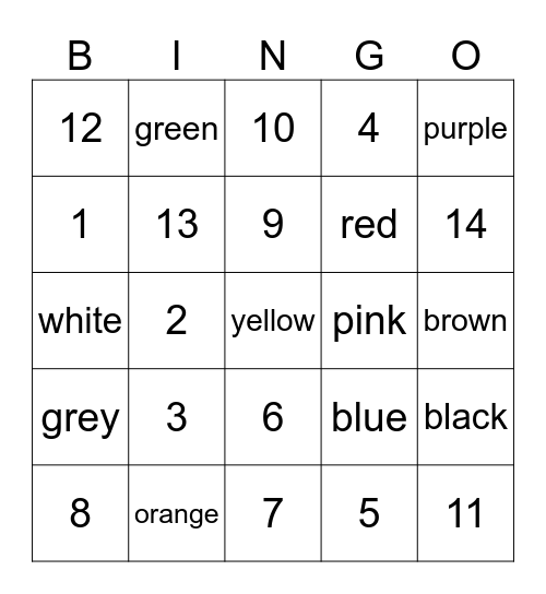 Colors and numbers Bingo Card
