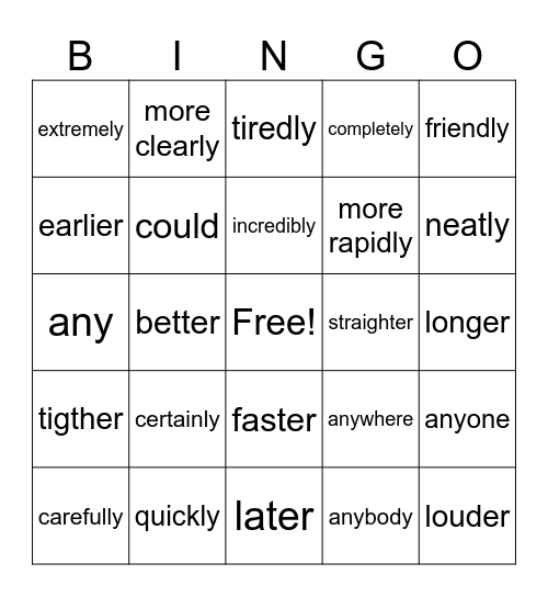 Adverbs Bingo Card