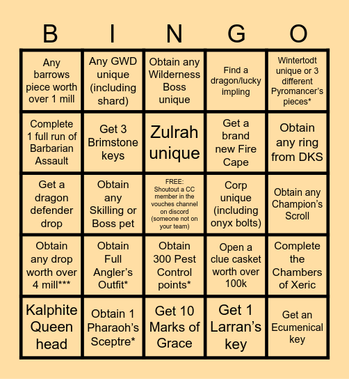Old School RuneScape Bingo Card