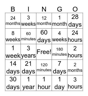 Equal Time Periods Bingo Card