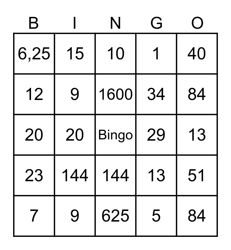 Wiskunde Bingo Card