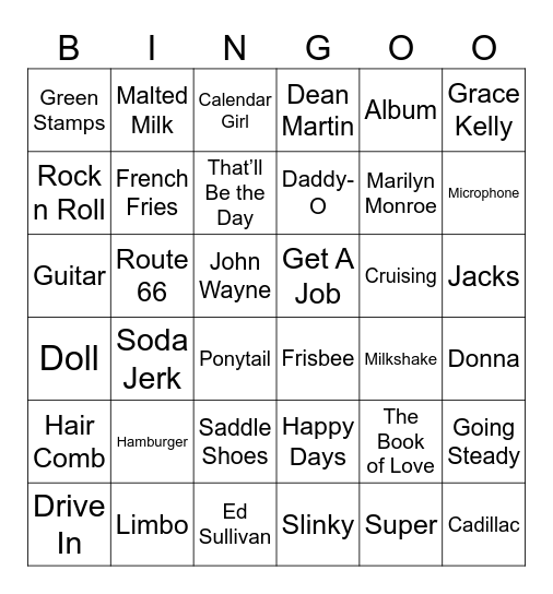 Doo Wop Soda Shop Bingo Card