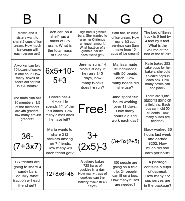 Winter Break Math BINGO Challenge Bingo Card