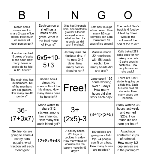 Winter Break Math BINGO Challenge Bingo Card