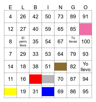 Spanish Numbers 1-100 + colors Bingo Card