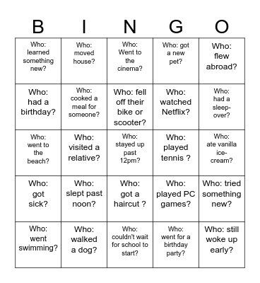 Back-to-School Bingo - What did you do over the holiday? Bingo Card