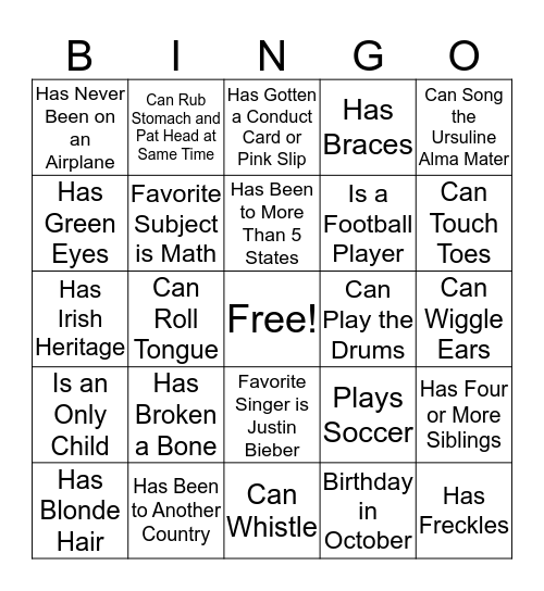 Pen Pal Bingo Card