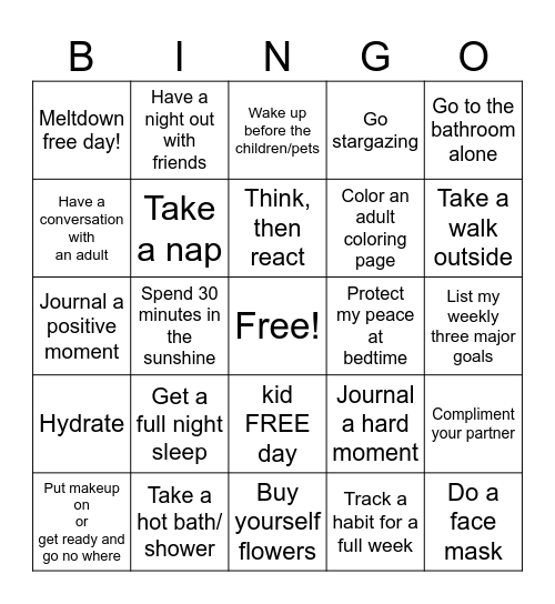 Self Care for Parents Bingo Card