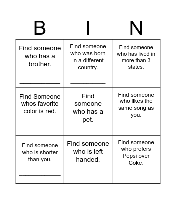 Find Someone Who Bingo Card
