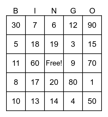 Numeros / Numbers Bingo Card