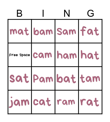 Word Families -am and -at Bingo Card