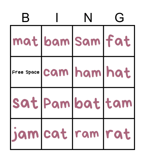 Word Families -am and -at Bingo Card