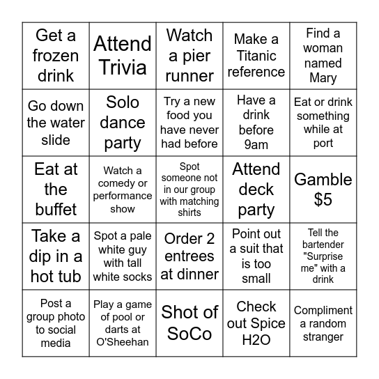 EPIC Cruise Scavenger Hunt Bingo Card