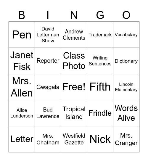 Frindle Bingo Card