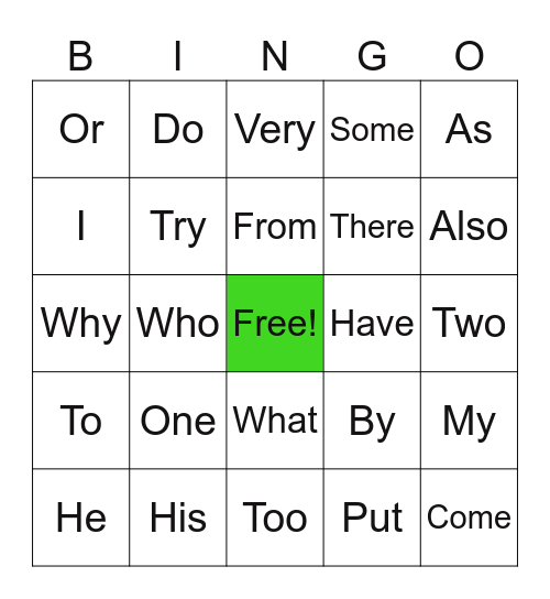 Sight Word Bingo Card