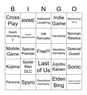 Sonigger Bingo Card